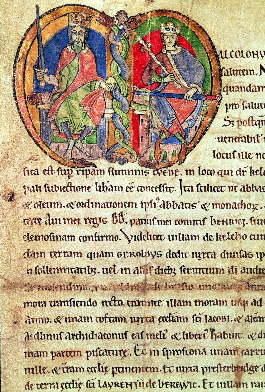 صفحة من ميثاق دير كيلسو مع بداية مضيئة تصور الملك ديفيد الأول (1084-1153) وحفيده مالكولم الرابع (1141-65) 1159 (ورق) بواسطة مدرسة اللغة الإنجليزية