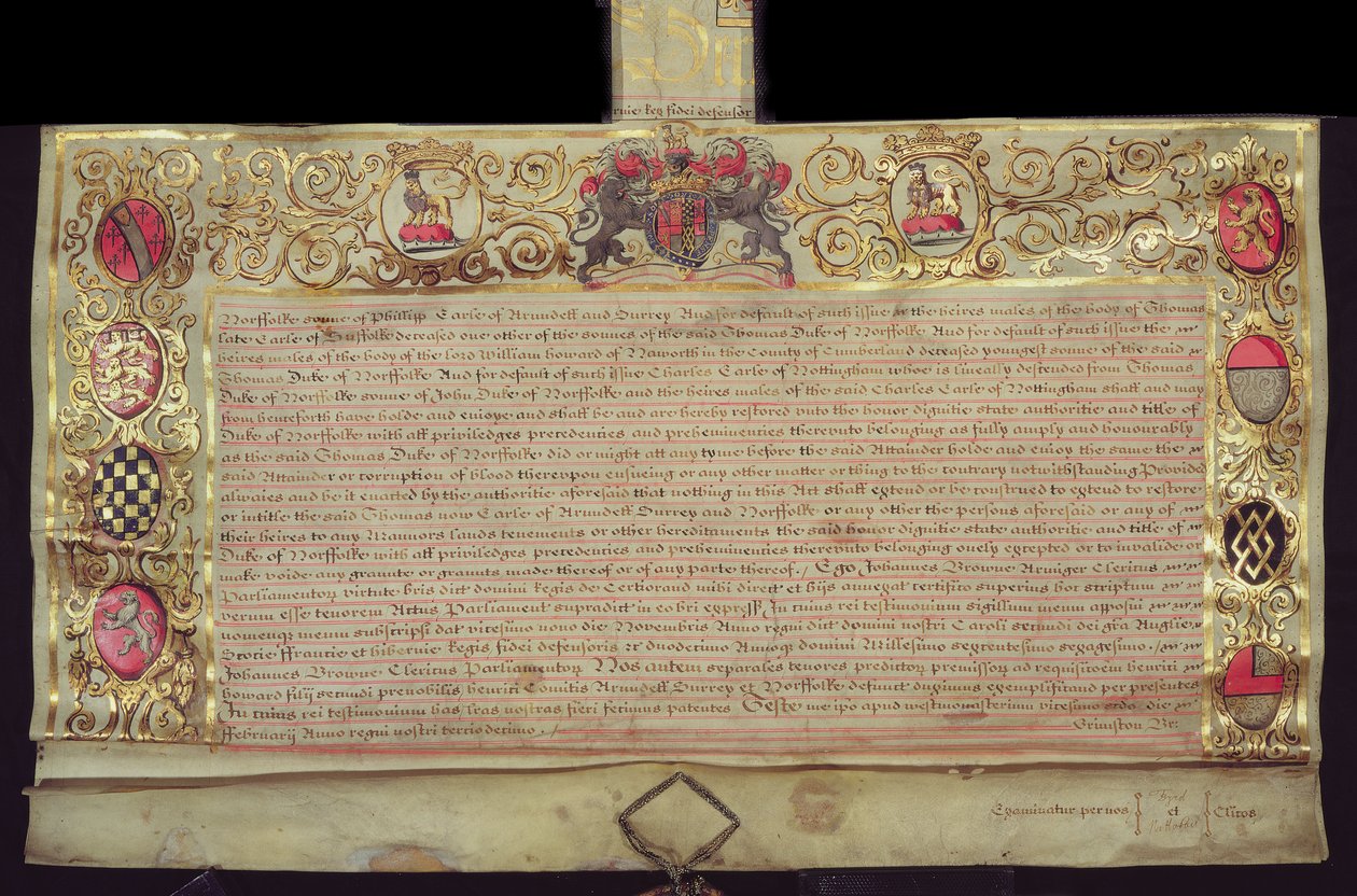 براءة اختراع لترميم دوق نورفولك ، بقلم تشارلز الثاني ، 1660 (حبر وورق ذهبي على الرق) بواسطة مدرسة اللغة الإنجليزية