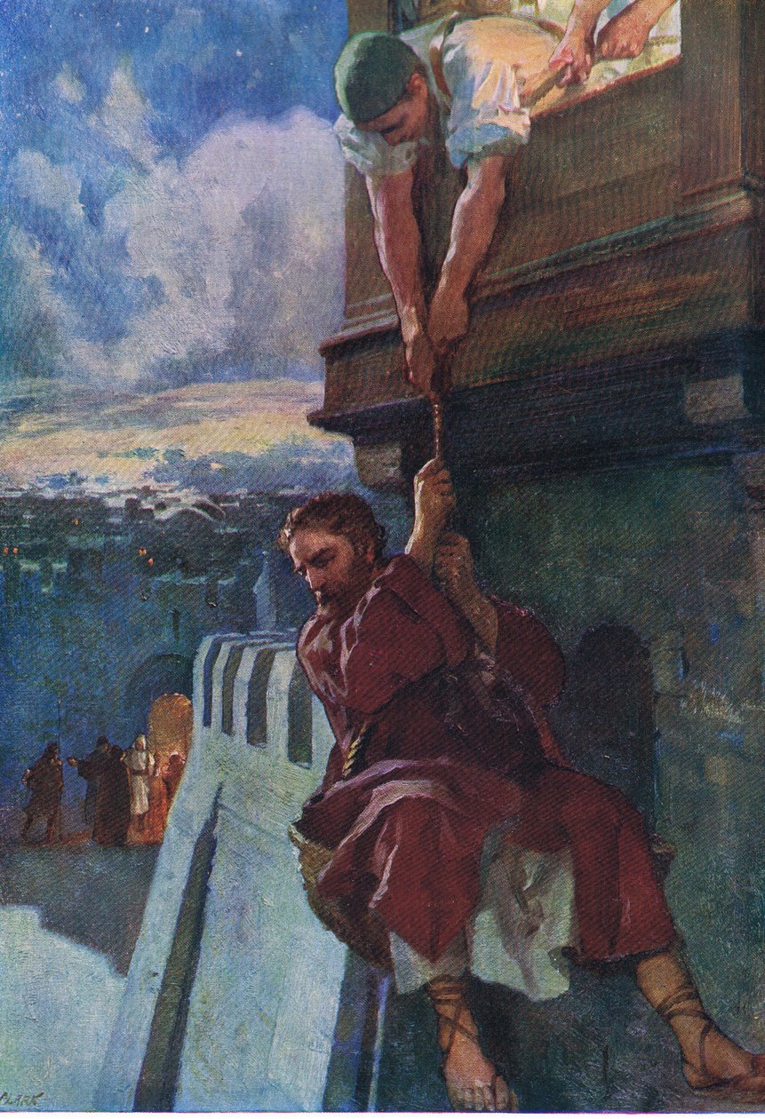 هروب بولس من دمشق ، من كتاب صور الكتاب المقدس الذي نشره توماس نيلسون ، حوالي 1950 (ليثو ملون) بواسطة مدرسة اللغة الإنجليزية