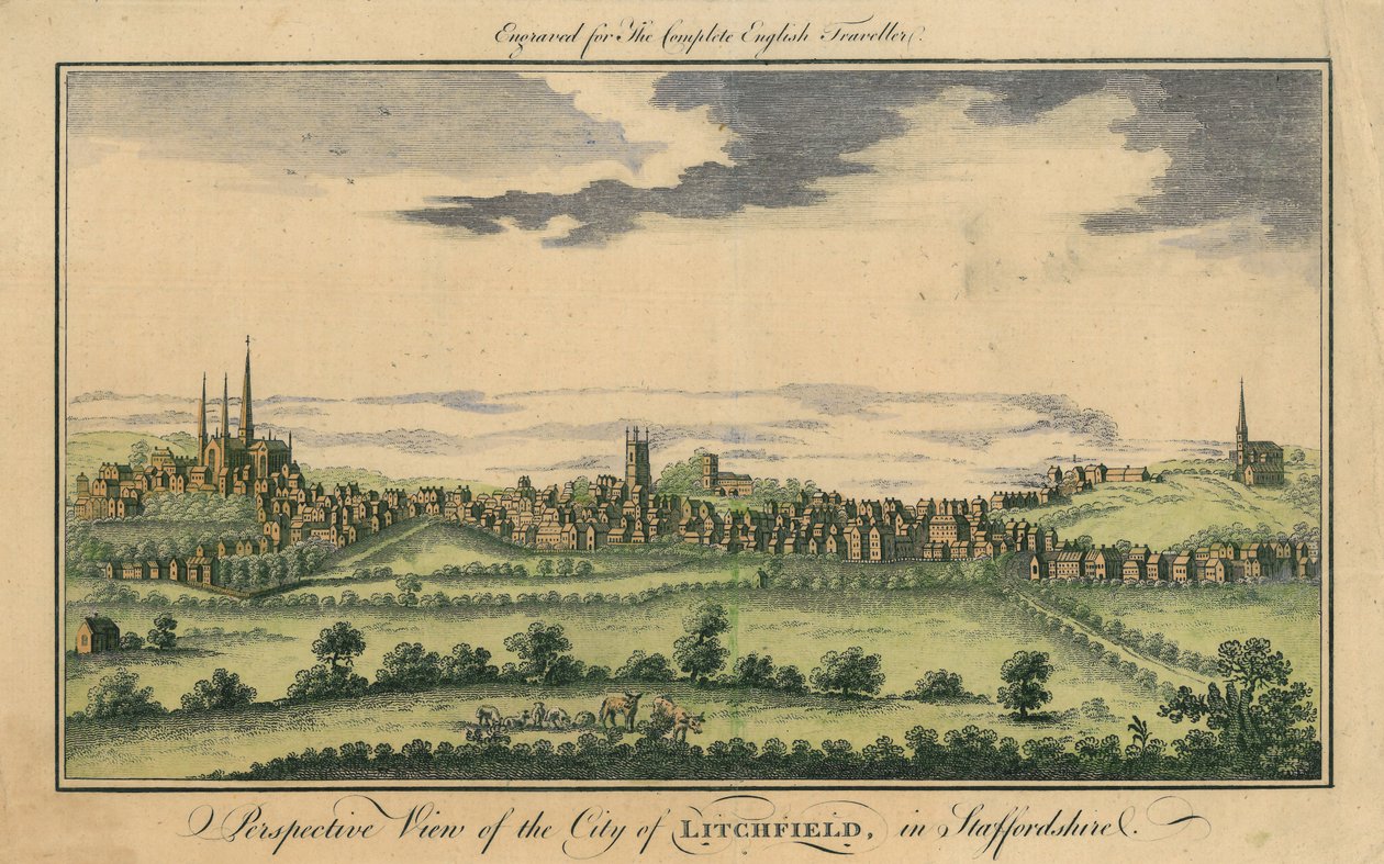 منظر منظوري لمدينة ليتشفيلد ، c.1795-98 بواسطة مدرسة اللغة الإنجليزية