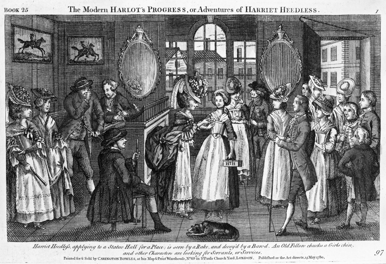 اللوحة 1 من "تقدم Harlot الحديث ، أو مغامرات Harriet Heedless" ، نُشرت عام 1780 بواسطة مدرسة اللغة الإنجليزية