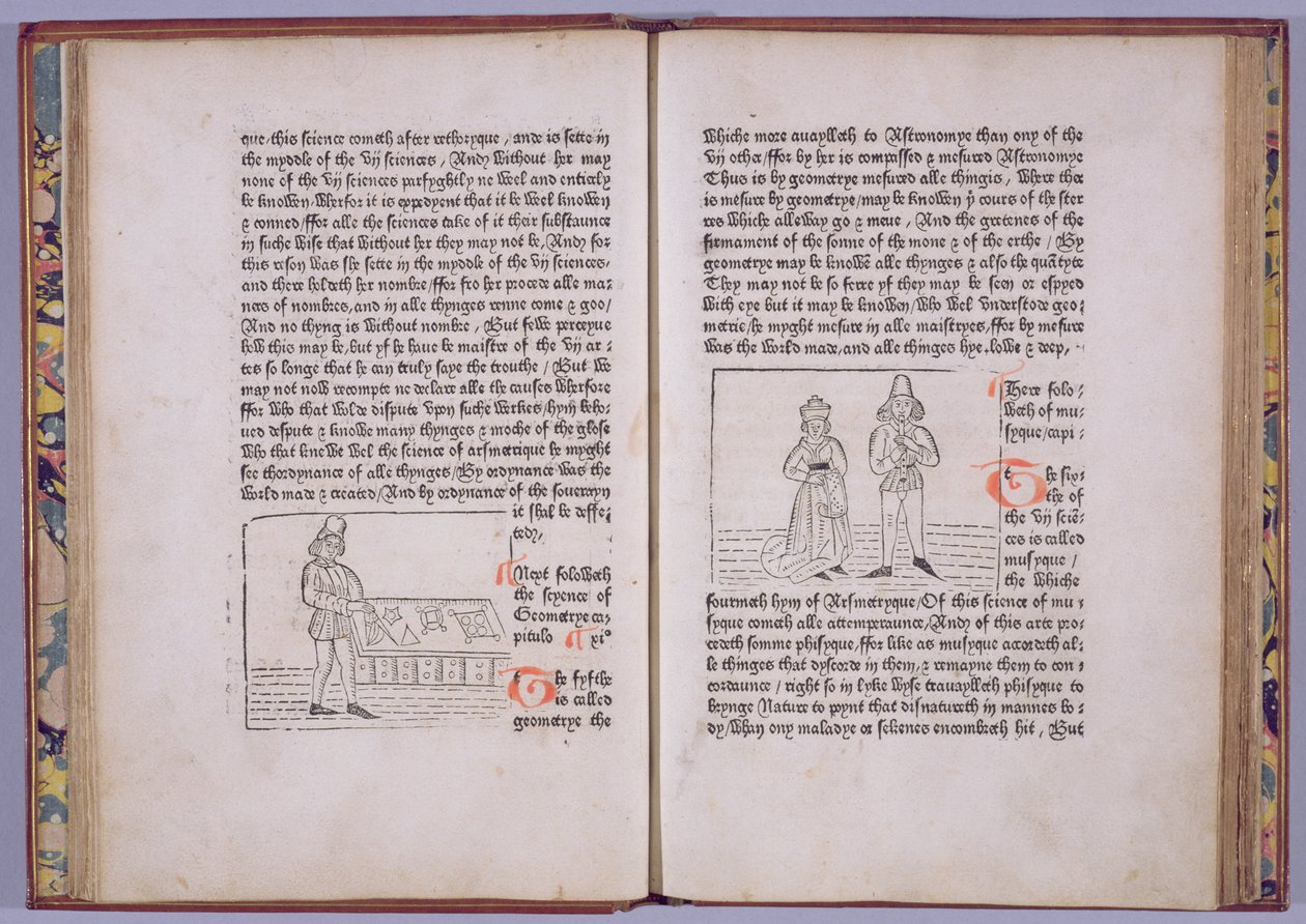 اللوحة C5v-C6r ، من كتاب "Hier begynneth الكتاب الذي يطلق عليه Myrrour of the worlde" بقلم ويليام كاكستون ، 1481 (نقش خشبي وحروف) بواسطة مدرسة اللغة الإنجليزية