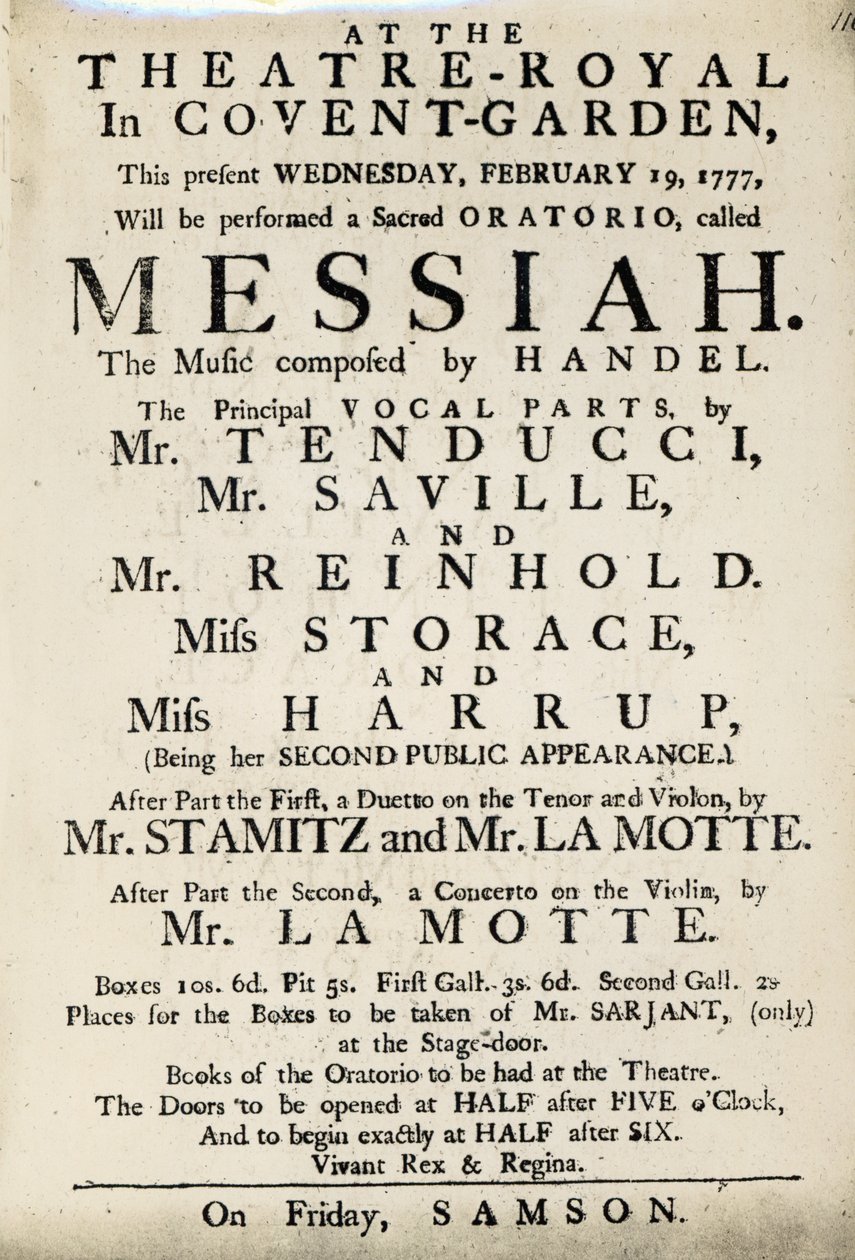 إعلان Playbill عن أداء Handel&39;s Oratorio ، "المسيح" عام 1777 (ورق مطبوع) بواسطة مدرسة اللغة الإنجليزية