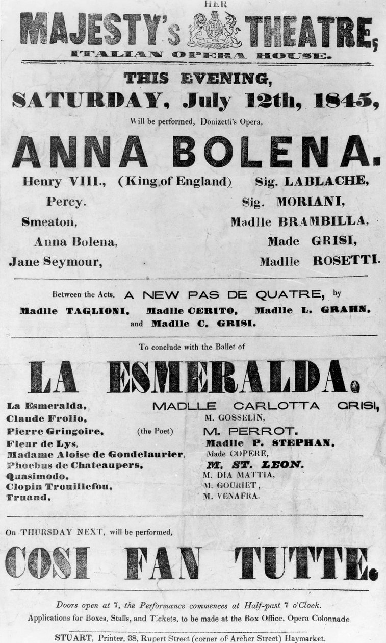 Playbill لمسرح صاحبة الجلالة ، دار الأوبرا الإيطالية ، 1845 (ورق مطبوع) بواسطة مدرسة اللغة الإنجليزية