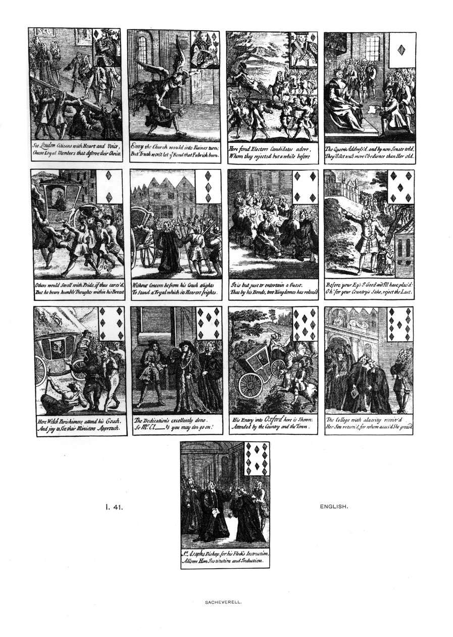 أوراق اللعب التي تصور اتهام هنري ساتشيفيريل (1674-1724) في عام 1710 ، بدلة الماس بواسطة مدرسة اللغة الإنجليزية