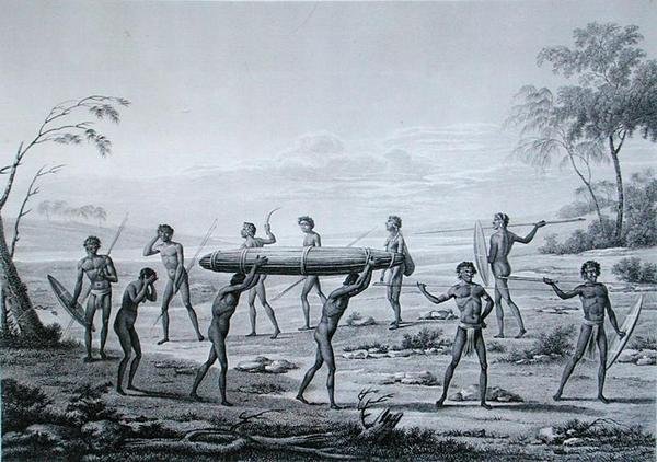بورت جاكسون ، نيو هولاند: حفل دفن السكان الأصليين ، من 'Voyage Autour du Monde sur les Corvettes de L'Uranie 1817-20' محفور بواسطة Lerouge and Villerey ، نُشر عام 1825 (نقش) بواسطة مدرسة اللغة الإنجليزية