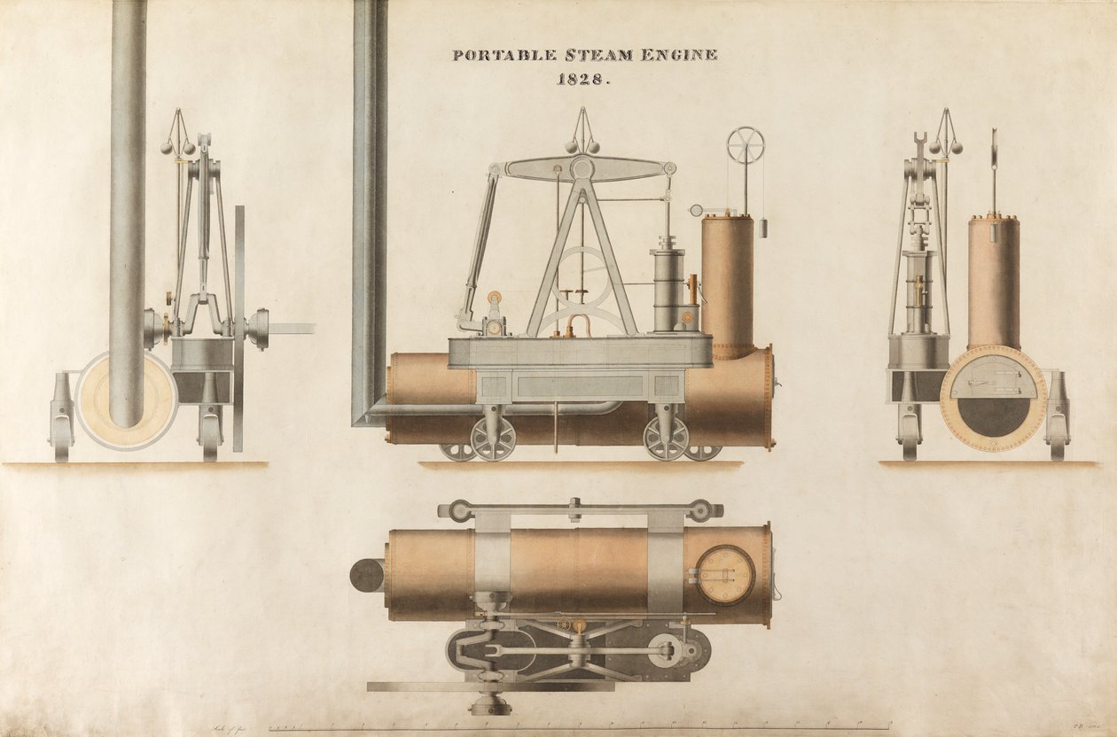 محرك بخاري محمول ، صممه Maudsley ، Sons & Field ، 1828 (قلم وحبر ومرحاض على ورق) بواسطة مدرسة اللغة الإنجليزية