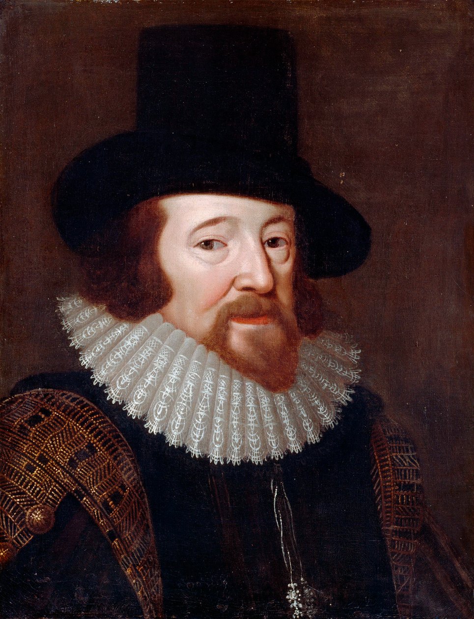 "" صورة لفرانسيس بيكون (1561-1626) رجل دولة وفيلسوف إنجليزي "" لوحة مجهولة حوالي عام 1622 - ألوان زيتية على قماش قاتمة 61 × 47 سم بواسطة مدرسة اللغة الإنجليزية