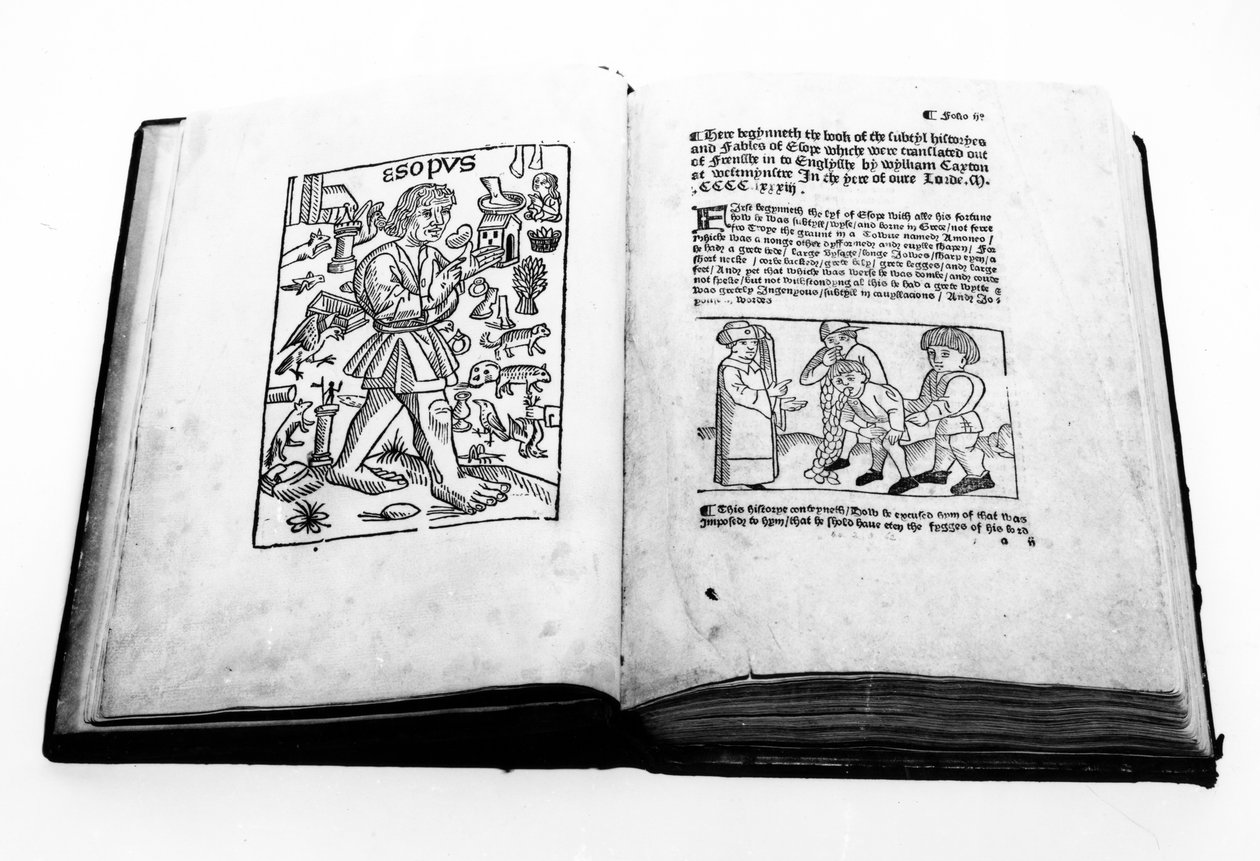 صورة إيسوب ، من ترجمة مصورة لأساطير إيسوبس بقلم ويليام كاكستون (c.1422-91) 1434 بواسطة مدرسة اللغة الإنجليزية