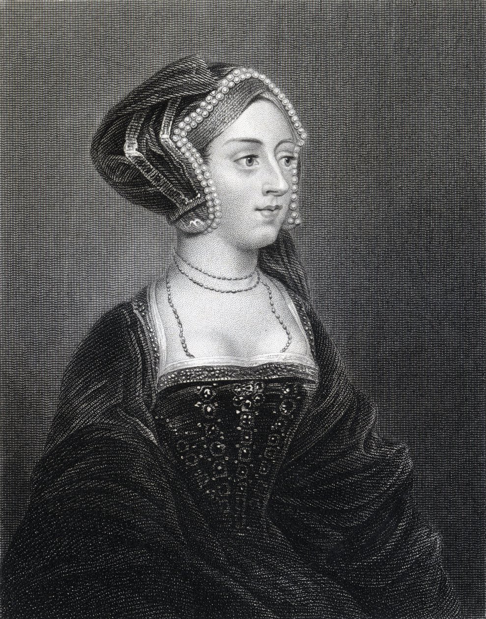 صورة لآن بولين (حوالي 1507-36) من "صور بريتيش لودج" ، 1823 بواسطة مدرسة اللغة الإنجليزية