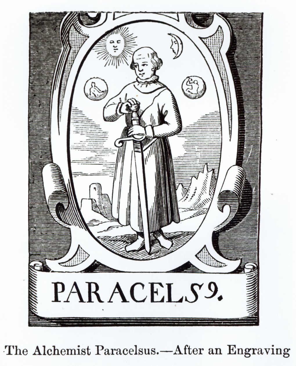 صورة لباراسيلسوس (Philippus Aureolus Theophrastus) (1493-1541) ، توضيح من العلوم والأدب في العصور الوسطى وعصر النهضة ، كتب ونقش بول لاكروا ، 1878 (woodc بواسطة مدرسة اللغة الإنجليزية
