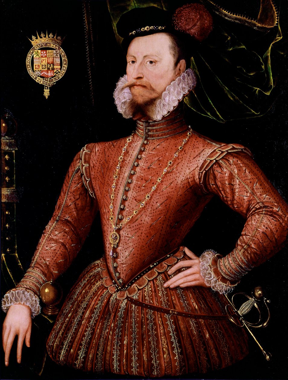صورة لروبرت دادلي ، إيرل ليستر (1532-1588) مفضلة لرسمة إليزابيث إيري المجهولة للمدرسة الإنجليزية. القرن السادس عشر. أحد 1،08x0،82 م لندن ، معرض الصور الوطنية بواسطة مدرسة اللغة الإنجليزية