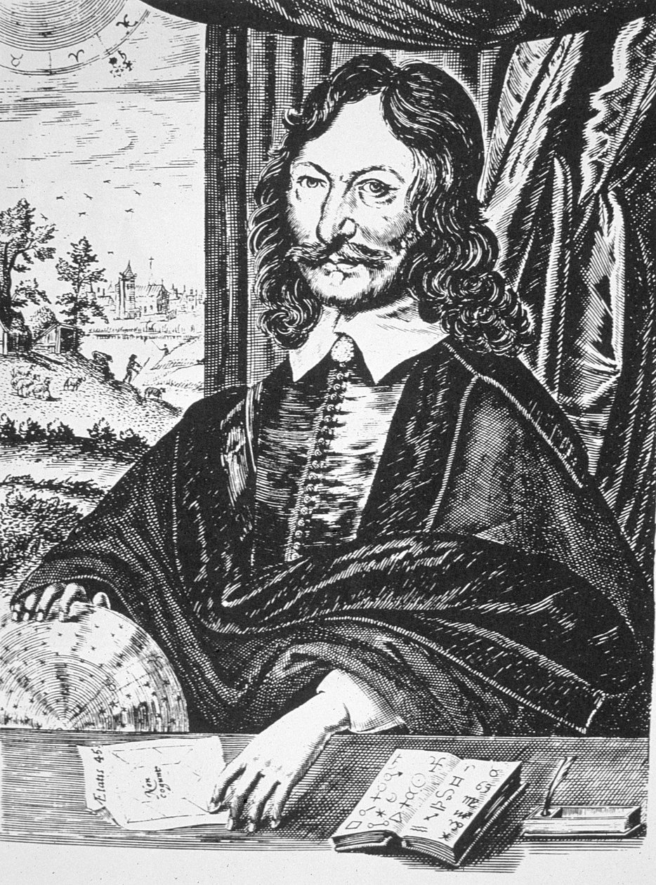 صورة وليام ليلي (1602-81) ، من كتابه التنجيم المسيحي ، لندن 1647 ، موضح في تاريخ السحر ، نُشر أواخر القرن التاسع عشر بواسطة مدرسة اللغة الإنجليزية