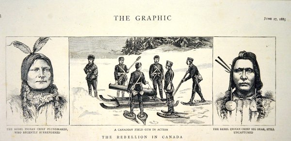 صور شخصية Rebel Chiefs Poundmaker and Big Bear ، نُشرت في The Graphic ، ٢٧ يونيو ١٨٨٥ (litho) بواسطة مدرسة اللغة الإنجليزية