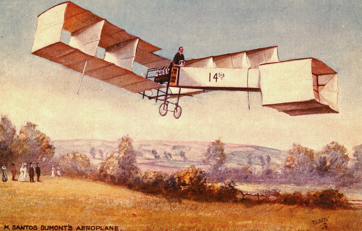 بطاقة بريدية تصور طائرة سانتوس دومونت 14-م ، ج. 1910 بواسطة مدرسة اللغة الإنجليزية
