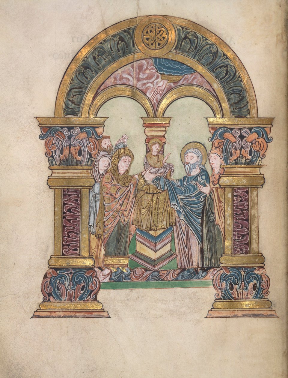 العرض التقديمي في الهيكل ، أضف. 49598، f.34v، from the Benedictional of St Aethelwold، 971-984 (رق) بواسطة مدرسة اللغة الإنجليزية