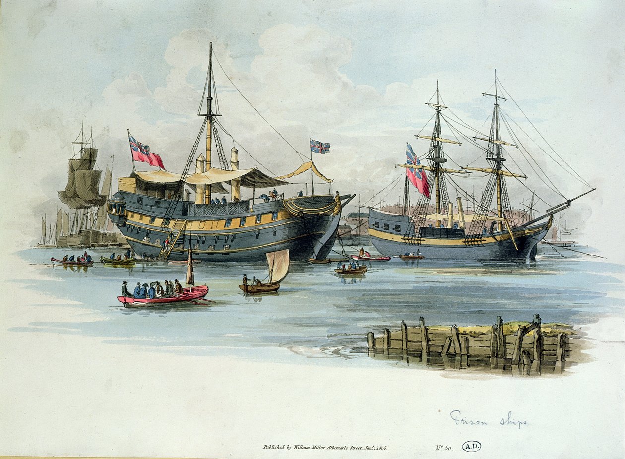 سفن السجن التي استخدمها البريطانيون خلال الحروب النابليونية لإيواء السجناء الفرنسيين ، 1805 (نقش ملون) بواسطة مدرسة اللغة الإنجليزية