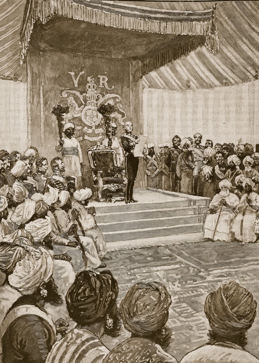 إعلان الملكة كإمبراطورة للهند في عام 1877 ، رسم توضيحي من تاريخ كاسيلس المصور لإنجلترا (صورة بني داكن) بواسطة مدرسة اللغة الإنجليزية