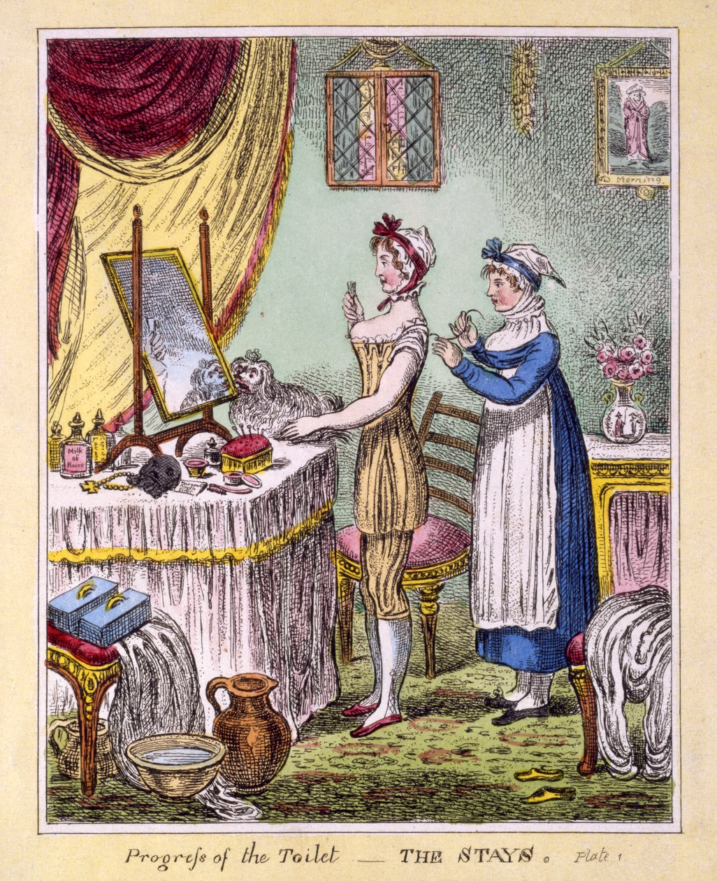 تقدم المرحاض - The Stays Plate 1 ، حانة. بواسطة McCleary ، لندن ، 1810 (نقش يدوي) بواسطة مدرسة اللغة الإنجليزية