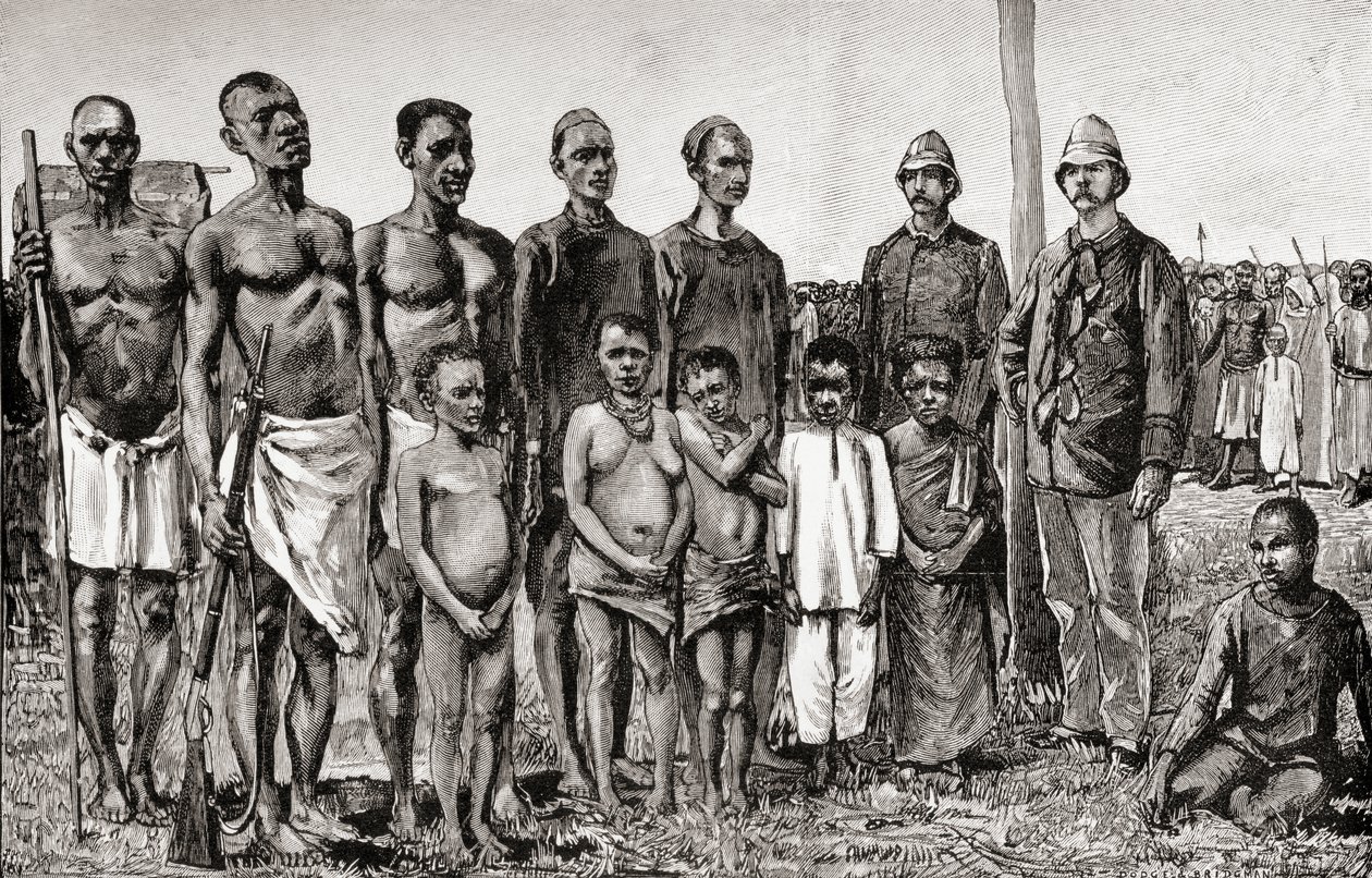 الأقزام الأصليون مقارنة مع الضباط الإنجليز والسودانيين والزنجباريين ، 1890 (نقش الخشب) بواسطة مدرسة اللغة الإنجليزية