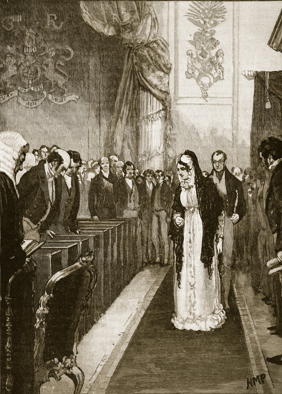الملكة كارولين تدخل مجلس اللوردات ، رسم توضيحي من Cassells Illustrated History of England (sepia photo) بواسطة مدرسة اللغة الإنجليزية