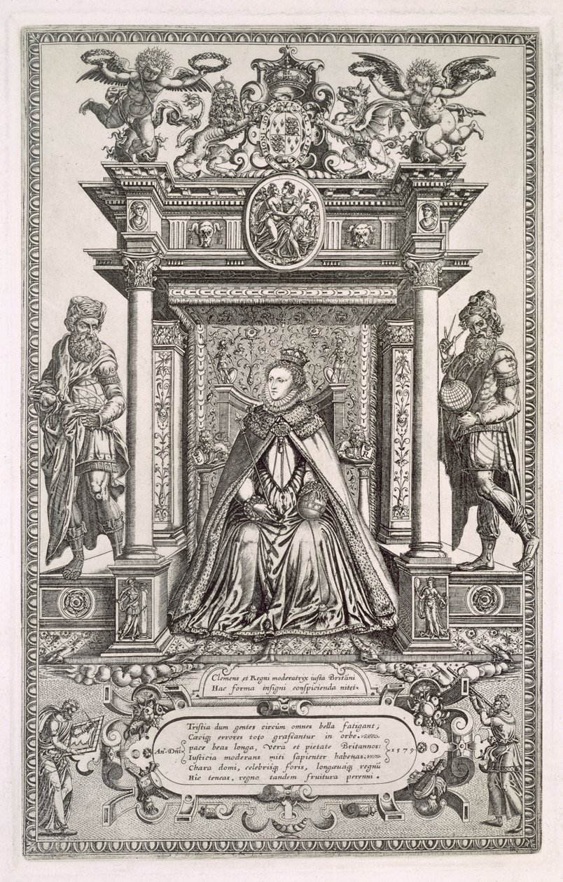 الملكة إليزابيث الأولى (1533-1603) راعية الجغرافيا والفلك ، واجهة إلى كتاب خرائط ساكسونيا في إنجلترا ، 1579 بواسطة مدرسة اللغة الإنجليزية