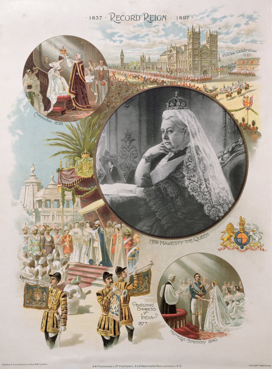 تم تصوير الملكة فيكتوريا (1819-1901) في وقت اليوبيل الماسي لها عام 1897 مع بعض الأحداث الرئيسية في حياتها ، 1897 بواسطة مدرسة اللغة الإنجليزية