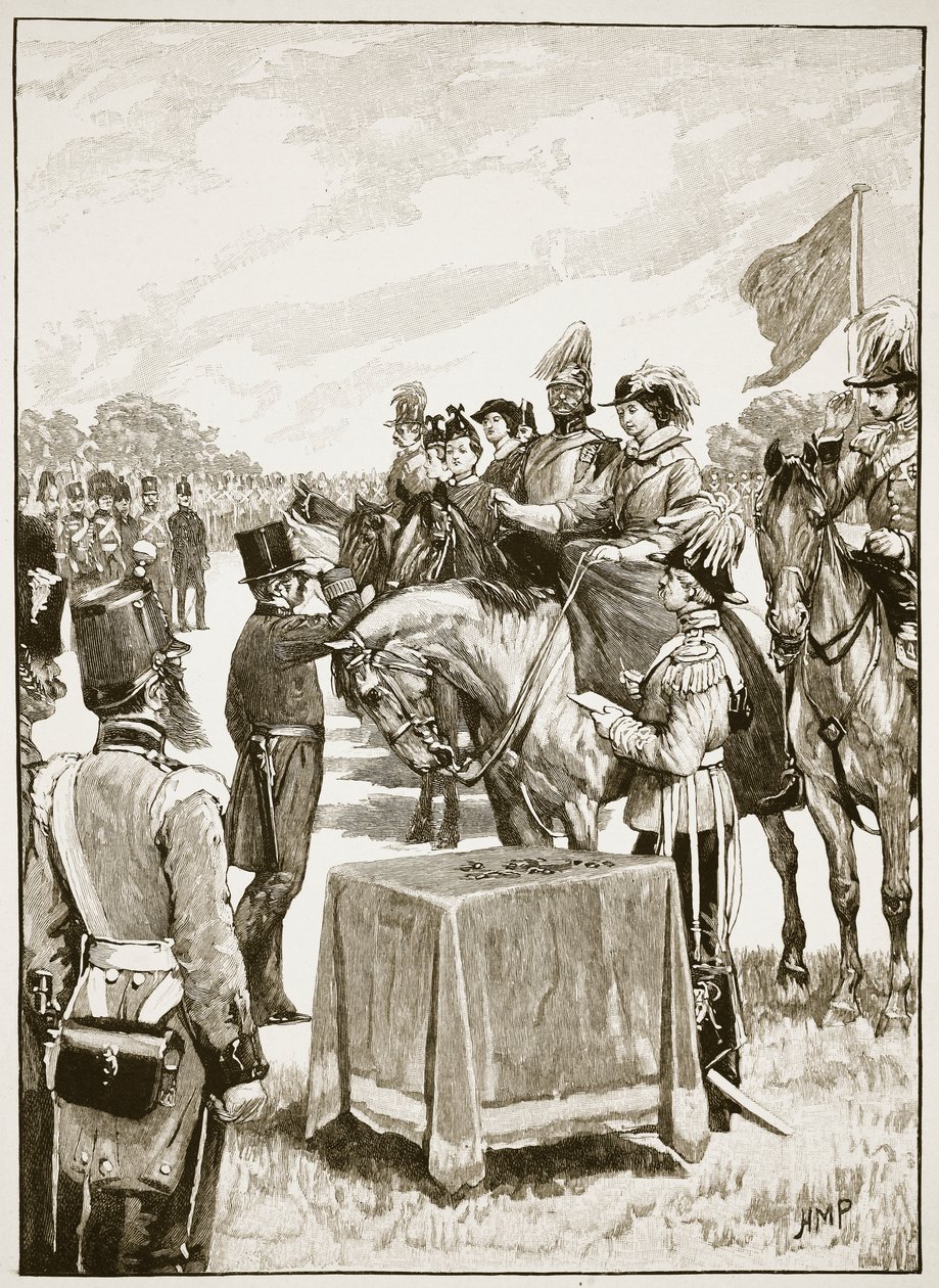 الملكة فيكتوريا في العرض الأول لصليب فيكتوريا ، رسم توضيحي من Cassells Illustrated History of England (sepia photo) بواسطة مدرسة اللغة الإنجليزية
