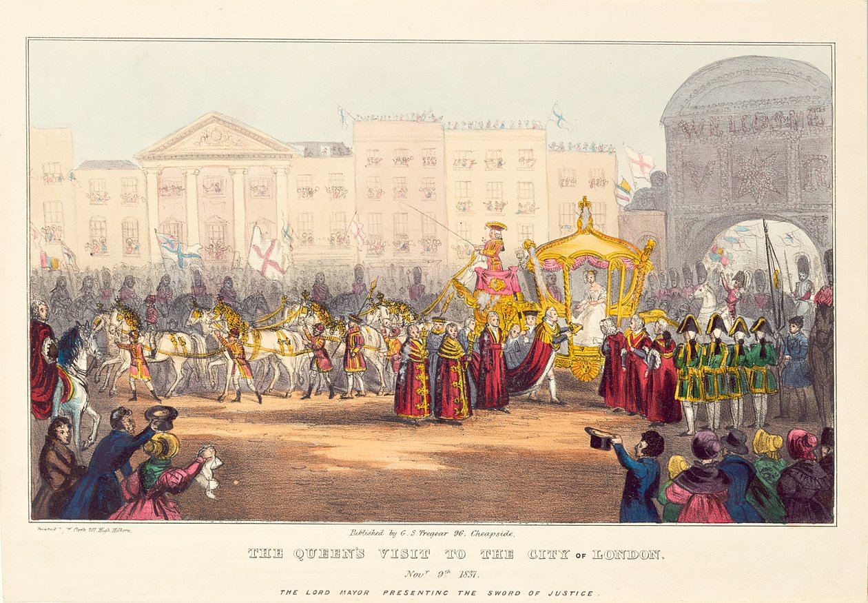 الملكة فيكتوريا تدخل مدينة لندن في تمبل بار ، نقشها ج.تريغير ، 1837 بواسطة مدرسة اللغة الإنجليزية