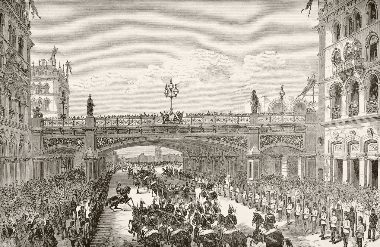 افتتحت الملكة الفيكتورية جسر هولبورن في عام 1869 ، من "التاريخ الوطني والمحلي لإنجلترا" بقلم ويليام هيكمان سميث أوبري (1858-1916) نشرت لندن ، c.1890 بواسطة مدرسة اللغة الإنجليزية
