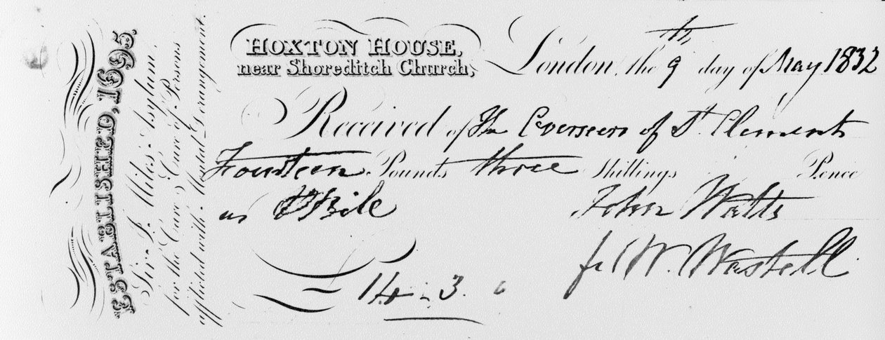 استلام الدفعة التي حصل عليها لجوء السير جوناثان مايلز في Hoxton House ، 1832 (حبر على ورق مطبوع) بواسطة مدرسة اللغة الإنجليزية