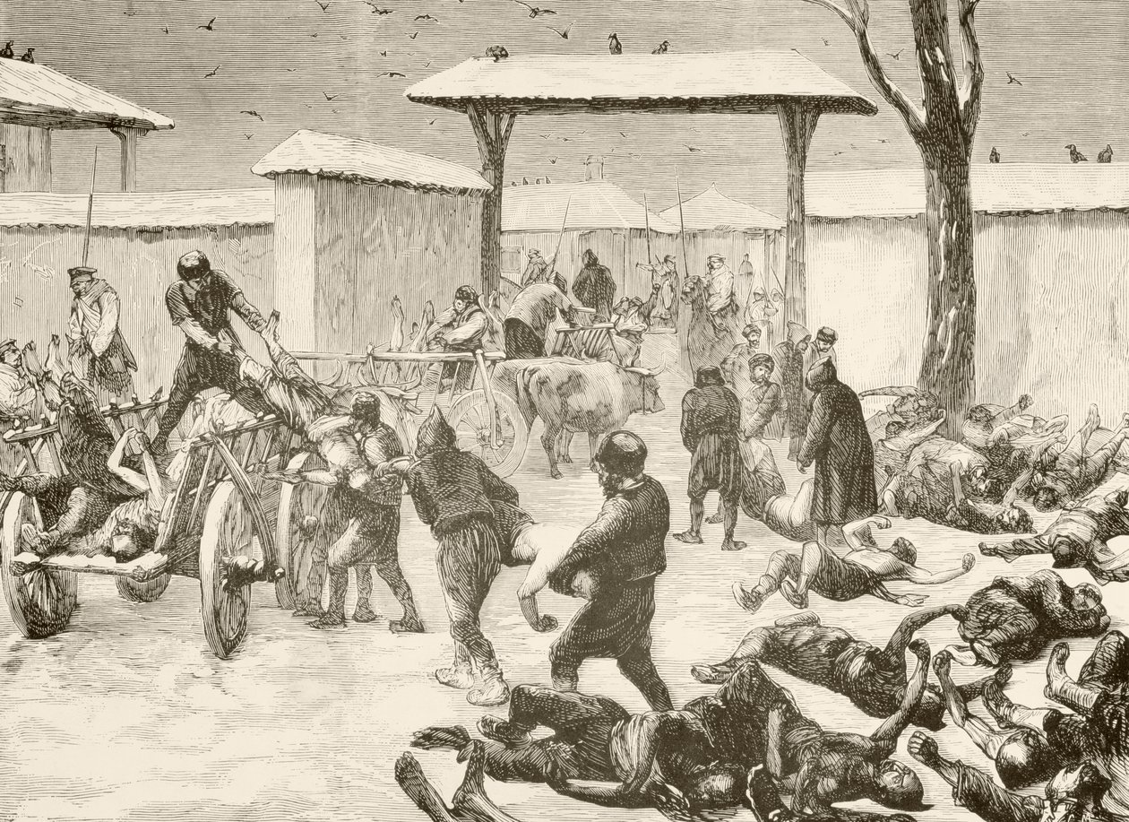 انتشال الموتى بعد حصار بليفنا، بلغاريا عام 1877 (litho) بواسطة مدرسة اللغة الإنجليزية