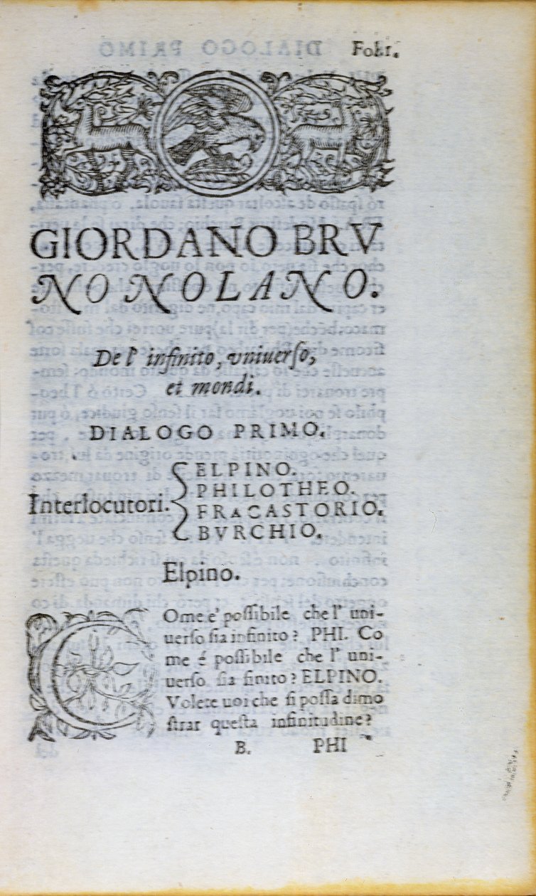 Res 28610 الصفحة الأولى من De lInfinito Universo et Mondi بواسطة Giordano Bruno ، نُشر في لندن ، 1584 (ورق مطبوع) بواسطة مدرسة اللغة الإنجليزية