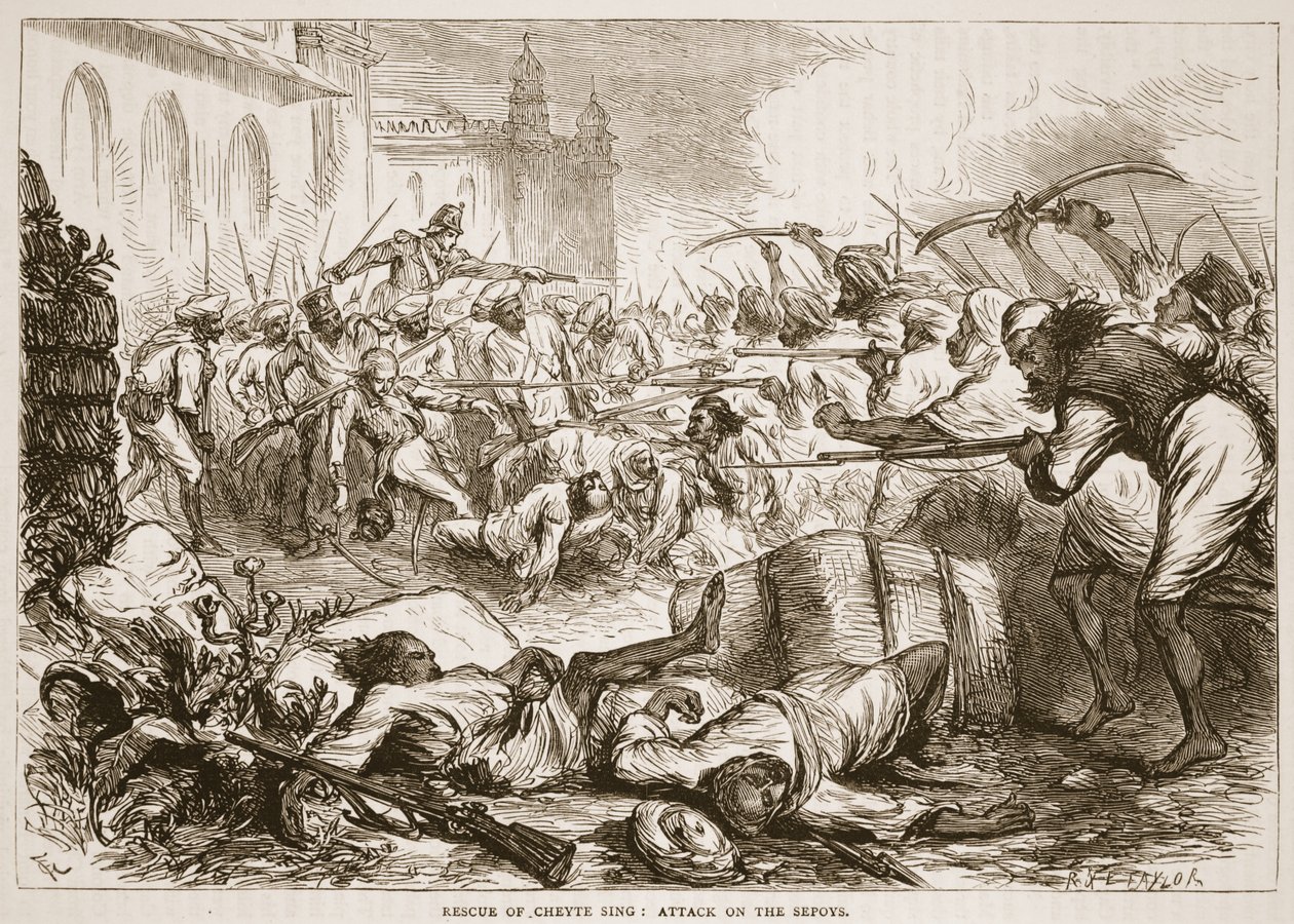 انقاذ Cheyte Sing: الهجوم على sepoys ، التوضيح من Cassells Illustrated History of India بواسطة James Grant ، حانة. 1879 بواسطة مدرسة اللغة الإنجليزية