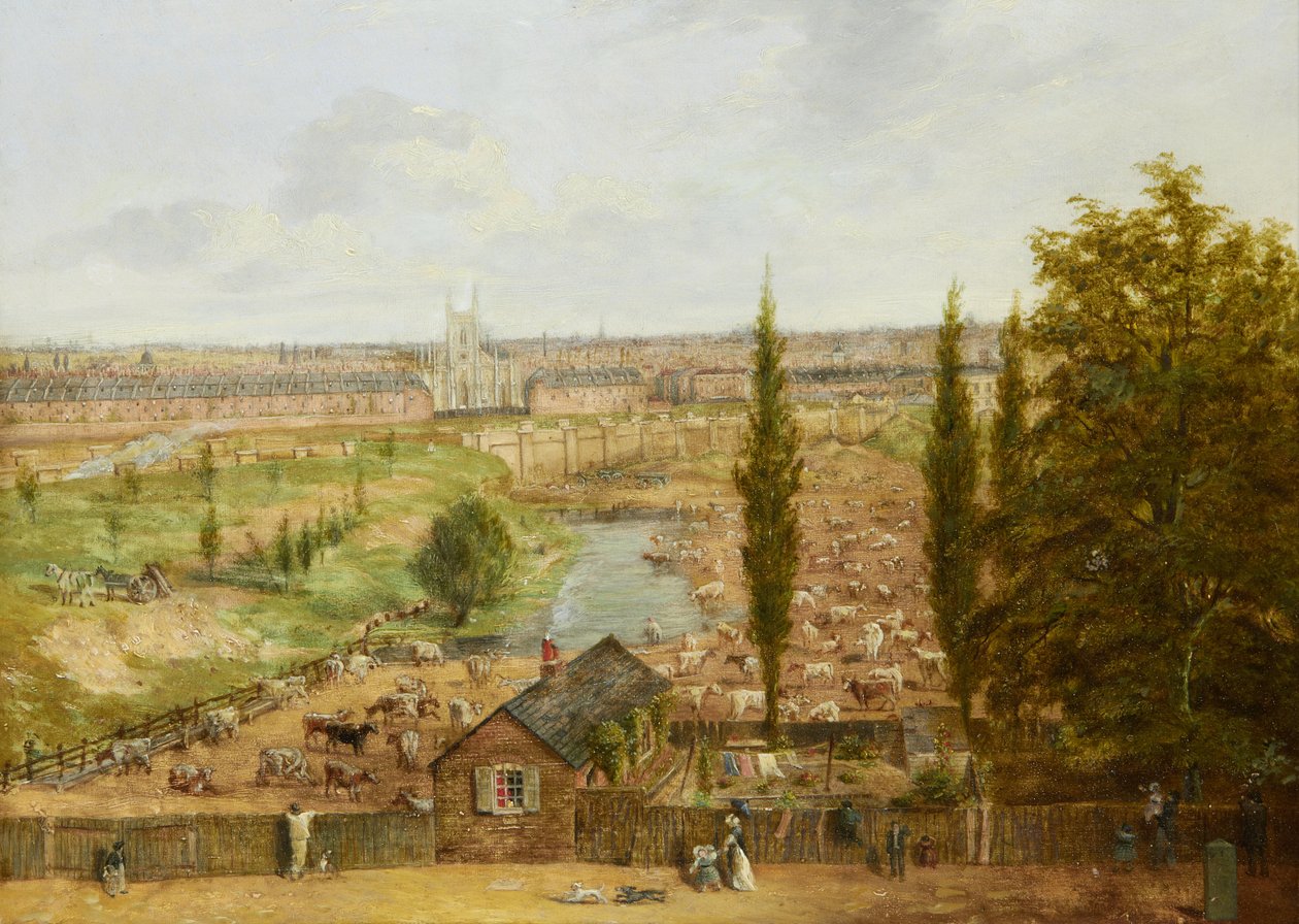مزرعة Rhobess في عام 1844 (الآن ساحة Ampthill في كامدن ، لندن) ؛ يحمل نقشًا "كل ما تبقى في عام 1844 من شارع Rhobess Farm Hampstead Road الذي كان يُحتفل به في يوم من الأيام الآن Ampthill Square" (على ظهر الملصق) ؛ زيت على اللوحة؛ 33 × 45.5 سم بواسطة مدرسة اللغة الإنجليزية
