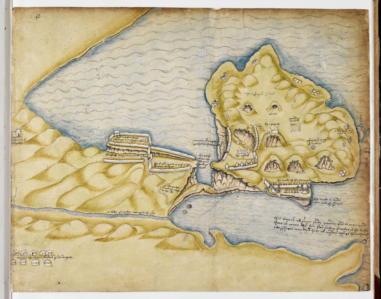 خطة ريتشارد جرينفيل لـ Tintagel ، حوالي 1583 (قلم رصاص وألوان مائية على ورق) بواسطة مدرسة اللغة الإنجليزية