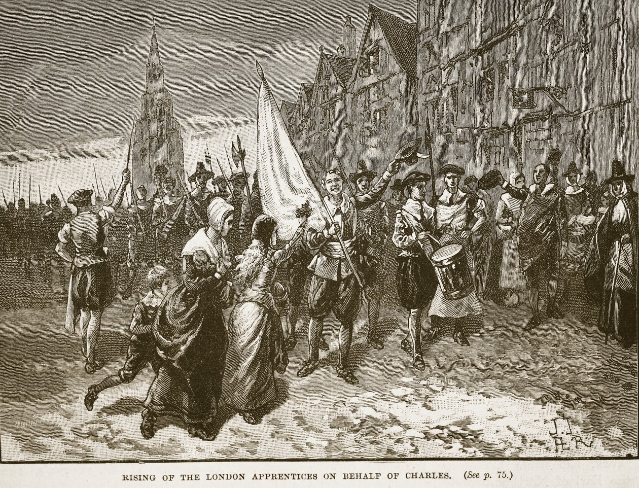 صعود المتدربين في لندن نيابة عن تشارلز ، رسم توضيحي من Cassells Illustrated History of England (sepia photo) بواسطة مدرسة اللغة الإنجليزية
