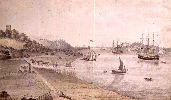 منظر طبيعي للنهر مع الشحن ودوفر كوتش ، حوالي 1800 (قلم وغسيل) (زوج من 72977) بواسطة مدرسة اللغة الإنجليزية