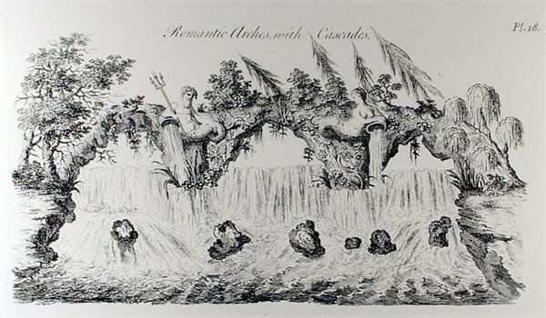 أقواس رومانسية مع شلالات ، من 'Grotesque Architecture أو Rural Amusement' ، بقلم ويليام رايت ، نُشرت حوالي 1767-90 (نقش) (صورة بالأبيض والأسود) بواسطة مدرسة اللغة الإنجليزية