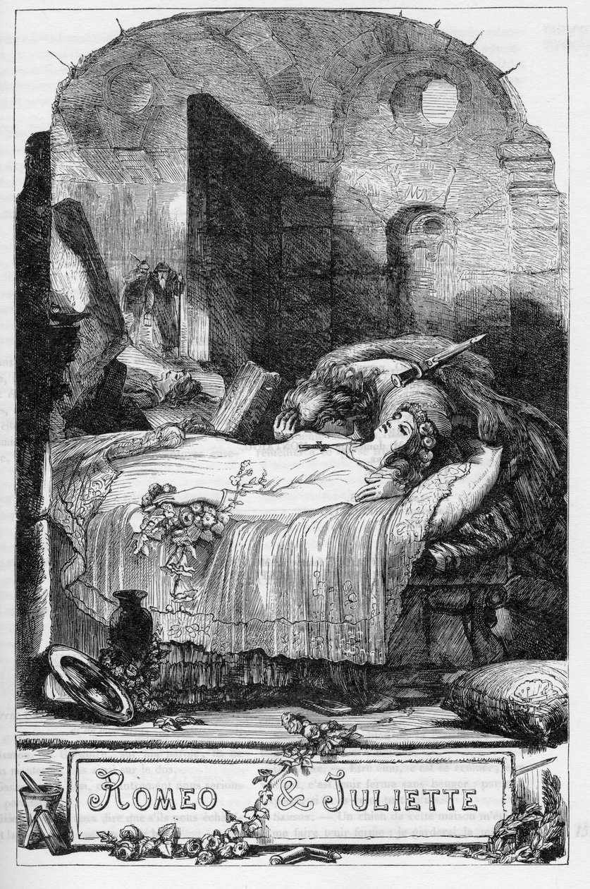 روميو وجولييت (روميو وجولييت) - رسم توضيحي في "" Complete de William Shakespeare "" "1866 - تم استعارة الرسوم التوضيحية والشكل العام لهذه الطبعة من رسم كاسيل لشكسبير ، الذي نُشر في لندن بواسطة مدرسة اللغة الإنجليزية