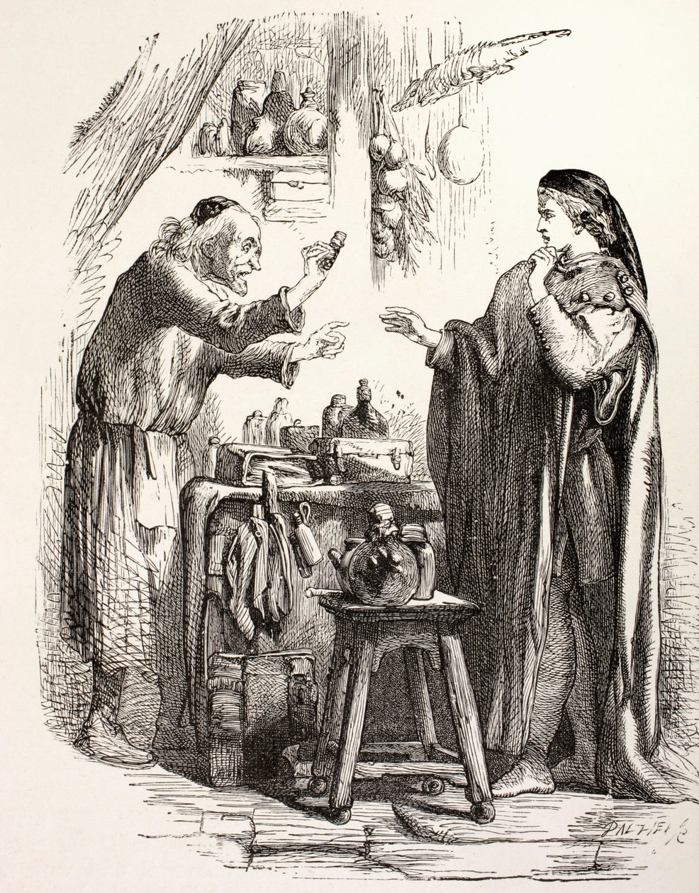 يشتري روميو سمًا من الصيدلة ، رسم توضيحي من روميو وجولييت ، من `` The Libraryated Library Shakespeare &39;&39; ، منشور في لندن 1890 (ليثو) بواسطة مدرسة اللغة الإنجليزية