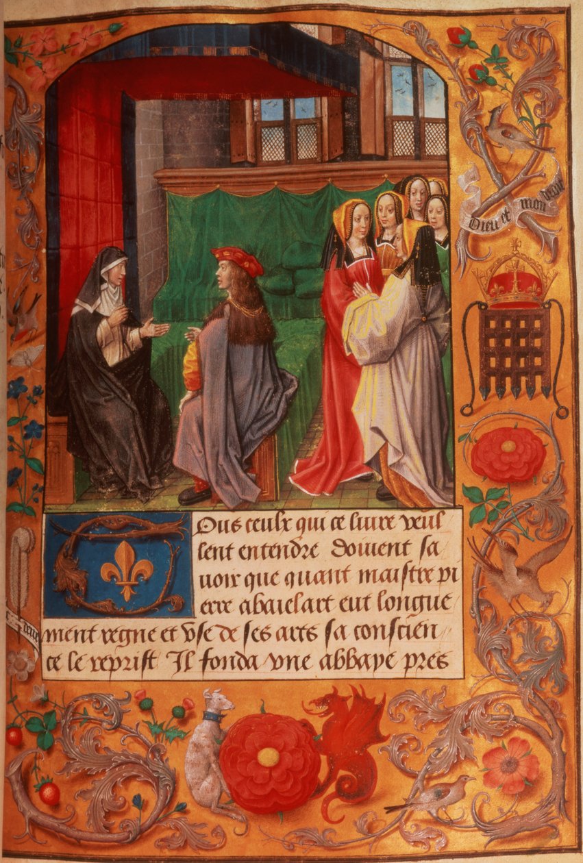 Roy 16 F II f.137 Abbess وتلميذها محاطان بمجموعة من السيدات يستمعن ، من "Letters of Abbess Heloise" ، حوالي 1500 (ورق) بواسطة مدرسة اللغة الإنجليزية