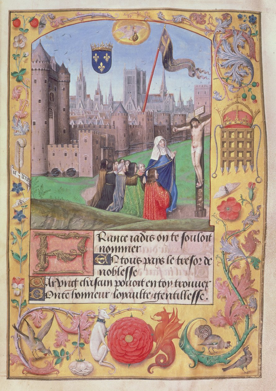 Roy 16 F II f.89 Notre Dame ، Paris تظهر الأسلحة ممددة ، تحمي العذراء أدناه تسعة شخصيات راكعة قبل الصلب ، من قصائد تشارلز ، دوق أورليانز ، حوالي 1500 (ورق) بواسطة مدرسة اللغة الإنجليزية