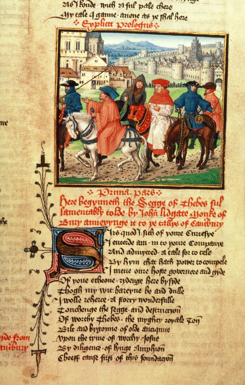 Roy 18 D 11 f.148 Lydgate و Canterbury Pilgrims الذين يغادرون كانتربري من كتاب Troy Book and the Siege of Thebes بقلم John Lydgate (c.1370-c.1451) 1412-22 (vellum) بواسطة مدرسة اللغة الإنجليزية