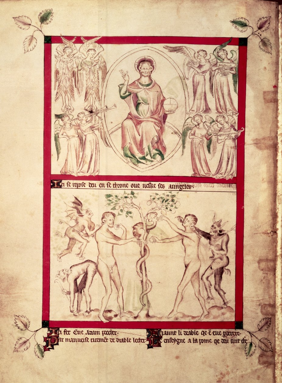 Roy 2 B VII f.3v God in a Mandorla محاط بملائكة موسيقيين ، إغراء حواء ، من سفر الملكة ماري المزامير ، حوالي 1310-20 (ورق) بواسطة مدرسة اللغة الإنجليزية