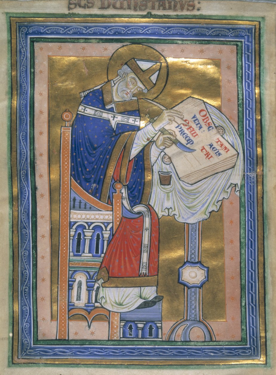 Royal 10 A. XIII، f.2v دونستان تكتب Benedictine Rule ، رسم توضيحي من 