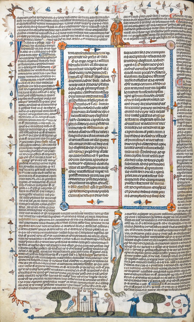Royal 10 E. IV ، f.30v ، نص ومشهد لرجل وامرأة خارج مبنى ، من "The Smithfield Decretals" (ورق) بواسطة مدرسة اللغة الإنجليزية