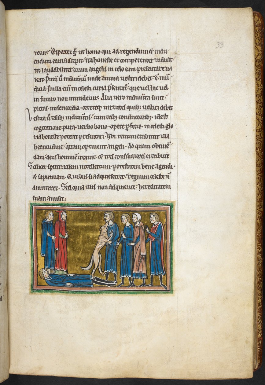 Royal 12 F.XIII، f.33 الكلب يتعرف على القاتل.  من بستاري (صص. ٣-١٤١) ، لابيداري (صص. ١٤١ ظ - ١٤٩)  ، الربع الثاني من القرن الثالث عشر (ورق) بواسطة مدرسة اللغة الإنجليزية