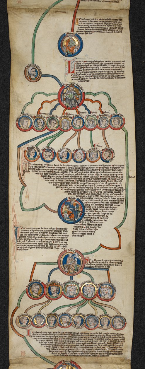 Royal 14 B. VI ، Membrane 6 ، The Royal Genealogy from Steven to John ، رسم توضيحي من "قائمة الأنساب لملوك إنجلترا" ، حوالي 1300-40 (رق) بواسطة مدرسة اللغة الإنجليزية