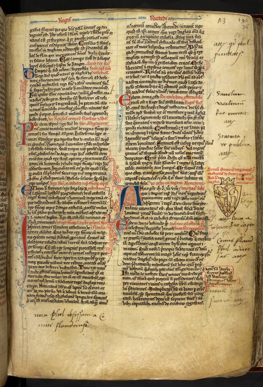 Royal 14 C.VII ff.86v زخرفة الحدود مع شعار النبالة لريتشارد قلب الأسد ، رسم توضيحي من "ماثيو باريس ، هيستوريا أنجلوروم ، كرونيكا الكبرى ، الجزء الثالث" بواسطة مدرسة اللغة الإنجليزية